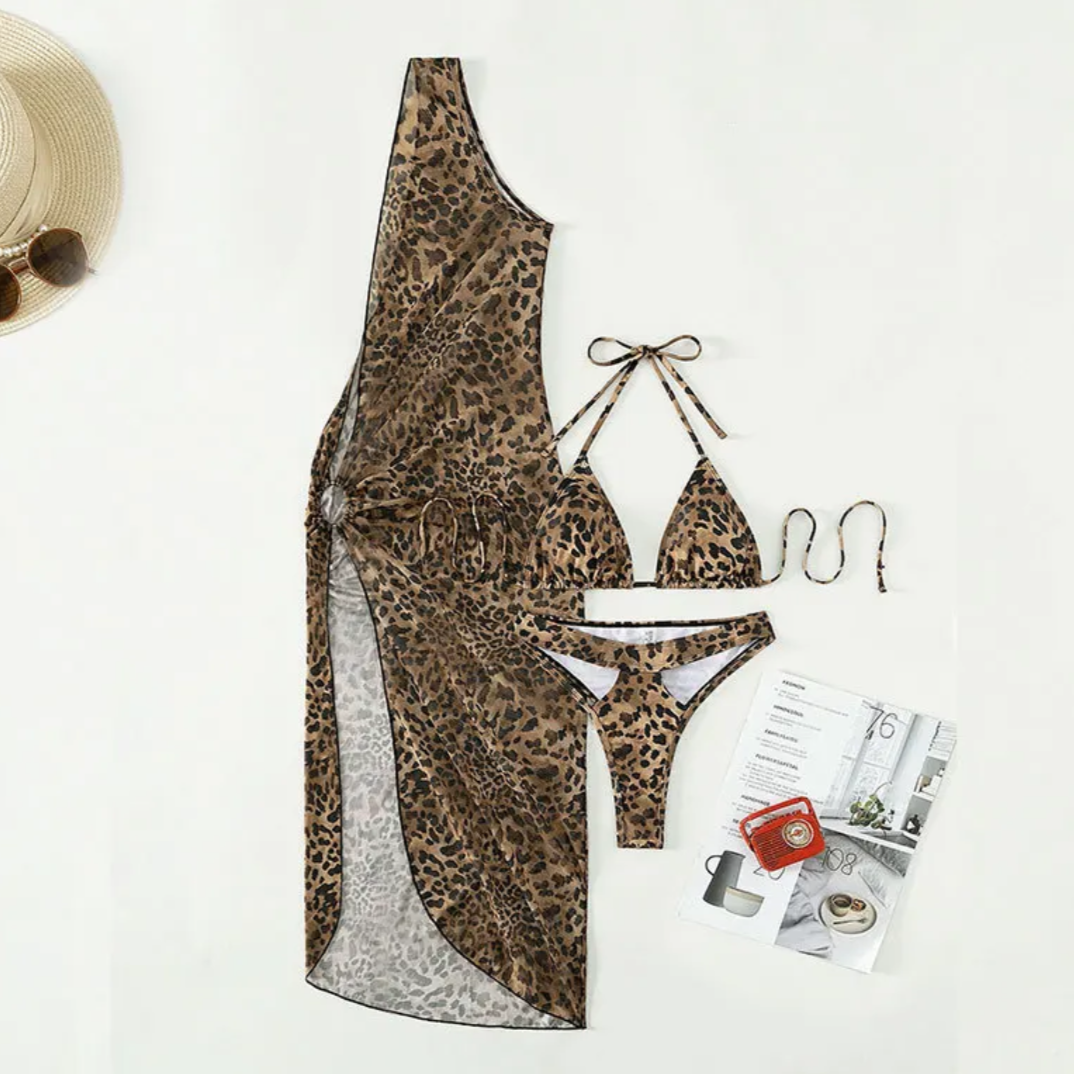 Leopard One Shoulder Cover Up Bikini Set