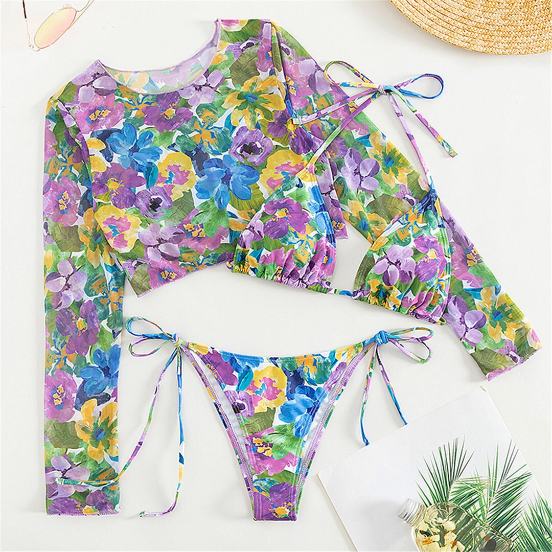 Floral Cover Up Crop Top Bikini Set